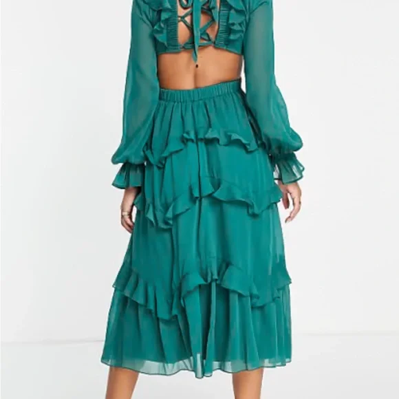 chinese dress ladies Rent Asos Luxe Jacquard Bardot Fan Top Long Sleeve Mini Dress In Green  Print main image 0